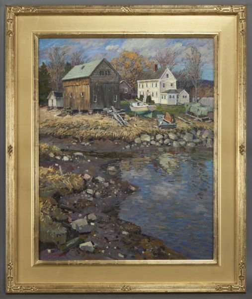 T.M. Nicholas, "Yellow House, Low Tide, Essex": T.M. Nicholas, "Yellow House, Low Tide, Essex" oil on canvas. Signed lower left "T.M. Nicholas"; titled and inscribed "For the Collection of Robert C. Slack N.F.S." on the reverse, with identification
