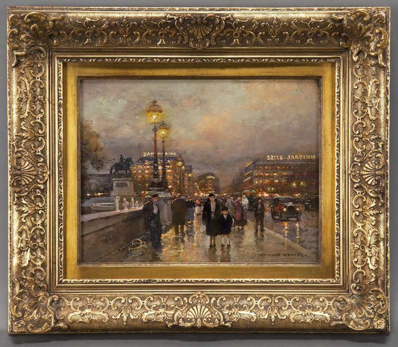Edouard Cortes, "Paris Bridge at Night" oil on: Edouard Cortes, "Paris Bridge at Night" oil on canvas. Signed lower right "Edouard Cortes" Canvas: 10.5''H x 13.75''W; Frame: 18.75''H x 21.25''W. Edouard Leon Cortes (French, 1882-1969) was known for