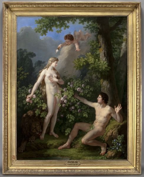 Jean Jacques Francois Le Barbier "Creation d'Eve",: Jean Jacques Francois Le Barbier "Creation d'Eve", 1798. Signed and dated lower left "Le Barbier l'aine 1798". Canvas: 58''H x 44.75''W; Frame: 67''H x 53.5''W. Jean Jacques Francois Le Barbier (Frenc