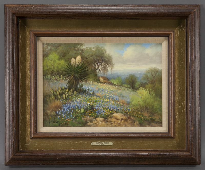 Gerald Harvey, "Bluebonnets, Central Texas": Gerald Harvey, "Bluebonnets, Central Texas" oil on canvas board. Signed and dated lower left "G. Harvey '74"; with artist's copyright stamps on the reverse; inscribed on the reverse "#4524 Central Tex