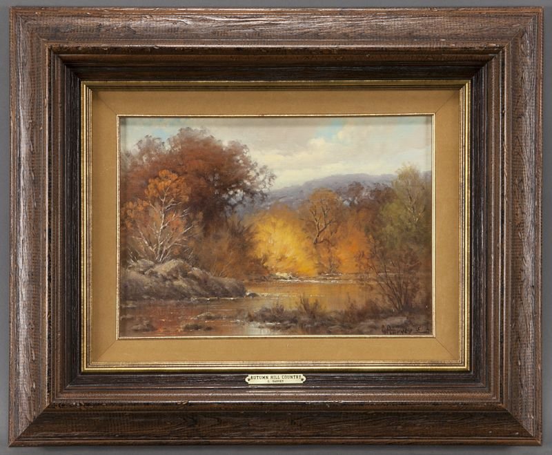 Gerald Harvey, "Hillcountry, Autumn" oil on canvas: Gerald Harvey, "Hillcountry, Autumn" oil on canvas board, 1974. Signed, dated and with artist's copyright lower right "G. Harvey '74"; titled, inscribed and with artist's copyright stamps on canvas bo