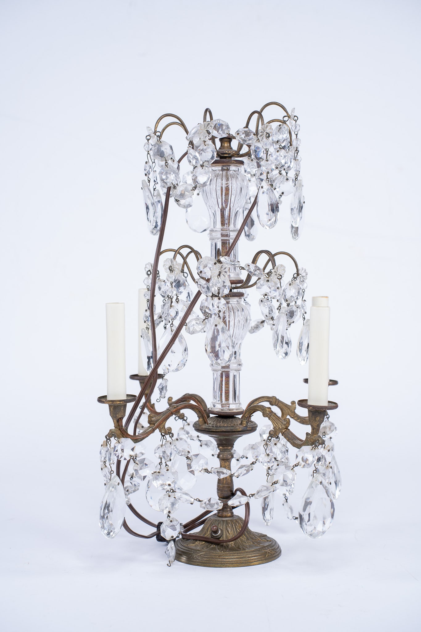 Vintage French Girandole Electrified Crystal Chandelier: Vintage French Girandole Electrified Crystal Chandelier. Has 4 arms. Dimensions: H 18.5 x W 9.25 x D 9.25 inches Condition: Some signs of age.
