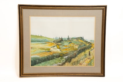 John Yue, American. 1947, Untitled, Watercolor Landscape with Barn and Creek, Watercolor on Paper