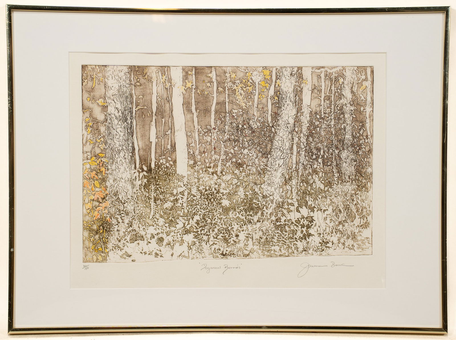 Joanne Isaac, Dogwood Berries, Etching: Joanne Isaac Dogwood Berries Etching, H 11.5 x W 17.5 x D .75 inches Signed bottom rightThin gold frame with white mat, H 19.5 x W 26.5 x D .75 inchesCondition: Good Provenance: Private Texas Collecti