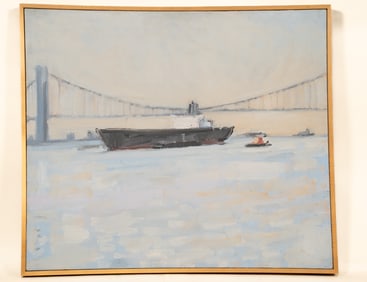 Robert Sievert, Boat Against Bridge, Oil on Canvas