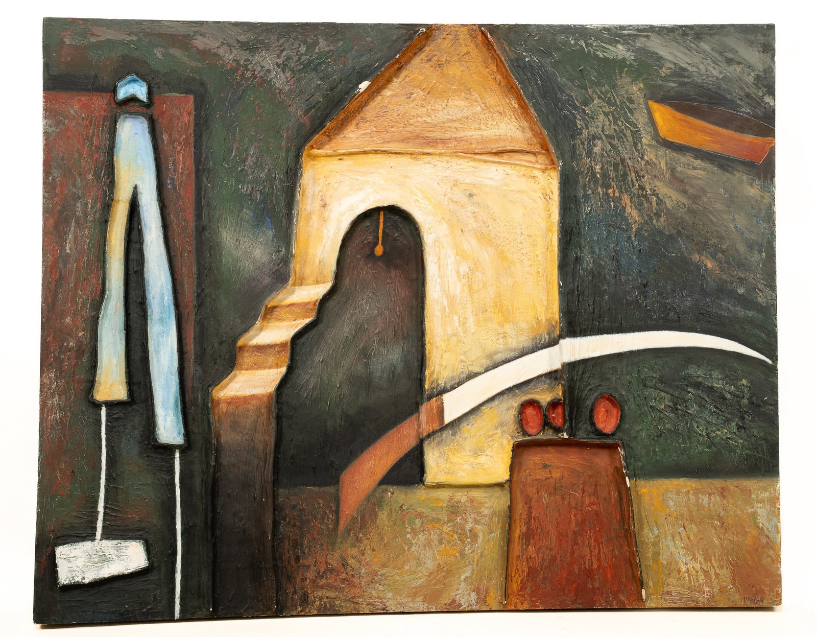 Debra Weier, American, 1954, Alien Slice, Oil Relief on Board: Debra Weier, American, 1954 Alien Slice, 1985 Oil relief on board, H 34.75 x W 43.5 x D 4 inches Signed bottom right and back Condition: Some chips to paint Provenance: Priv