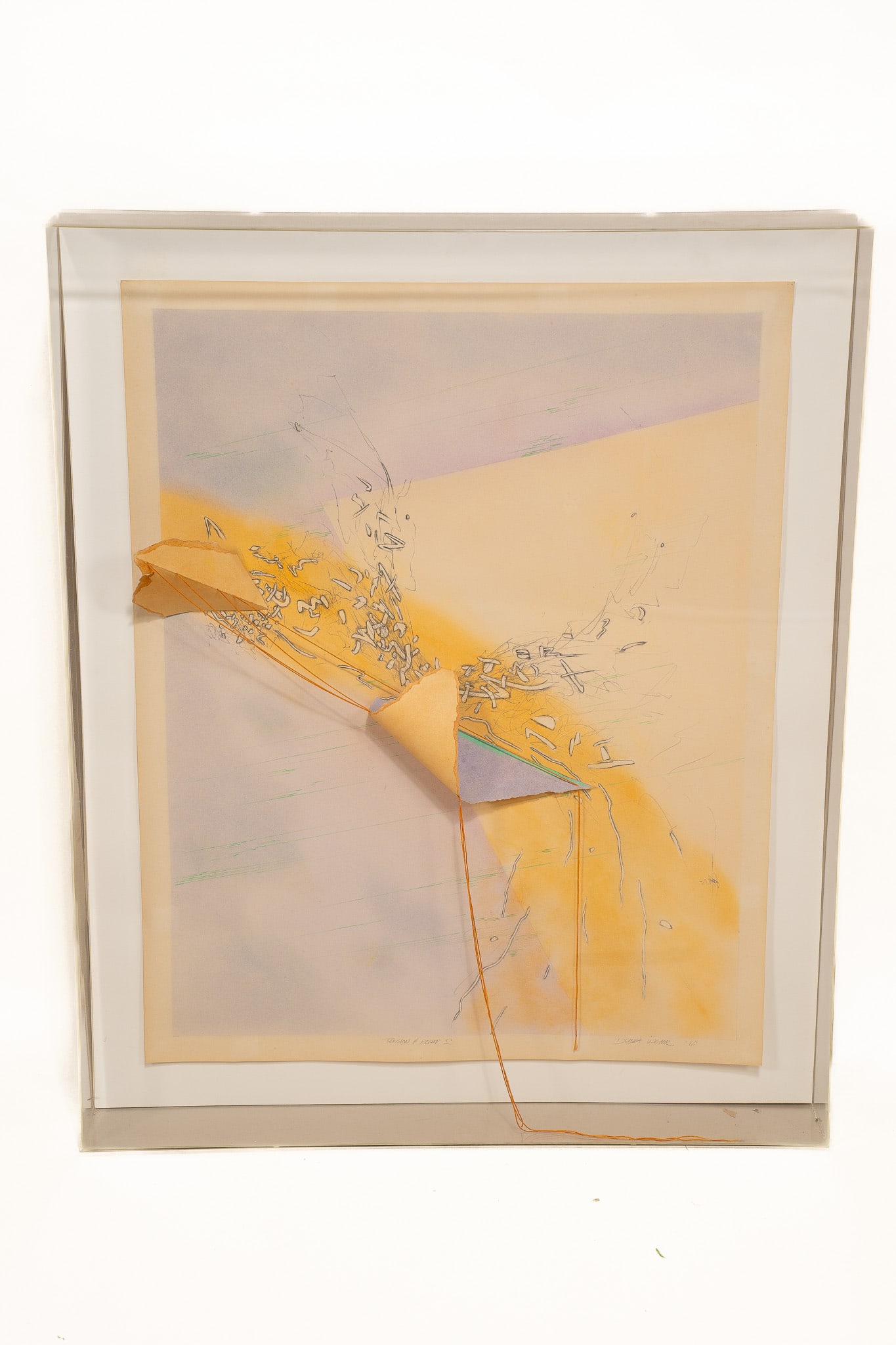 Debra Weier, American, 1954, Tension & Relief I, Pastel and Collage: Debra Weier, American, 1954 Tension & Relief I, 1980 Pastel and collage, H 28 x W 23 x D 3 inches Signed bottom right Large acrylic shadowbox, H 33.5 x W 27.25 x D 4.25 inches