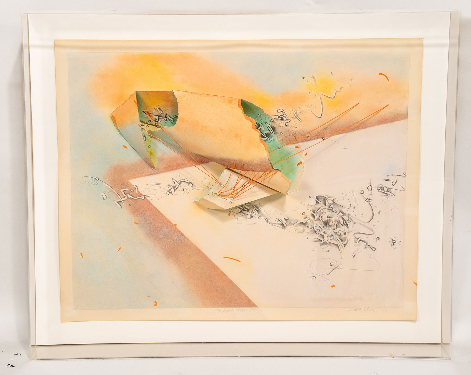 Debra Weier, American, 1954, Tension & Relief VIII, Pastel and Collage: Debra Weier, American, 1954 Tension & Relief VIII, 1981 Pastel and collage, H 23 x W 29 x D 3 inches Signed bottom right Large acrylic shadowbox, H 27.5 x W 33.5 x D 4.5 i