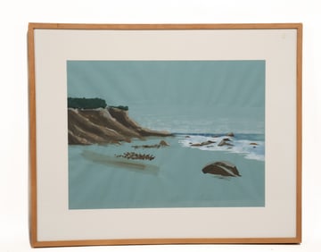 Midel, Untitled, Landscape Scene with Mountain and Ocean, Watercolor on Paper