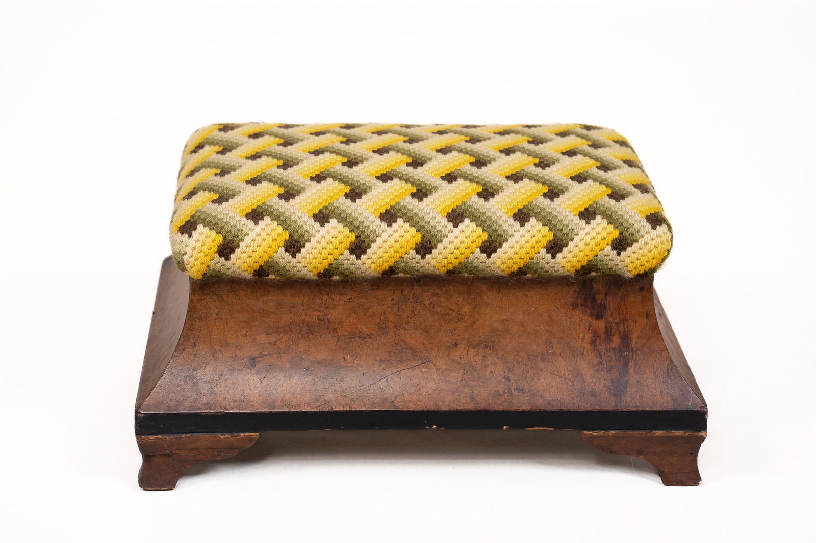Vintage Burl wood Foot Stool with Geometric Upholstery (1 of 1)