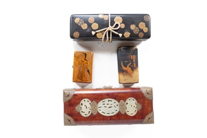 Collection of 3 Asian Trinket or Jewelry Boxes and 1 Treen or Wooden Snuff Box