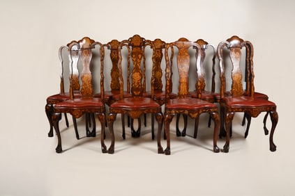 Set of 10 Antique Dutch Marquetry Walnut High Back Dining Chairs