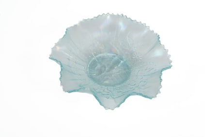 Northwood Ice Blue Carnival Glass Peacock on Fence Bowl