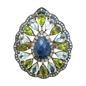 Teardrop Shaped Silver Gilt Ring with Large Blue Sapphire