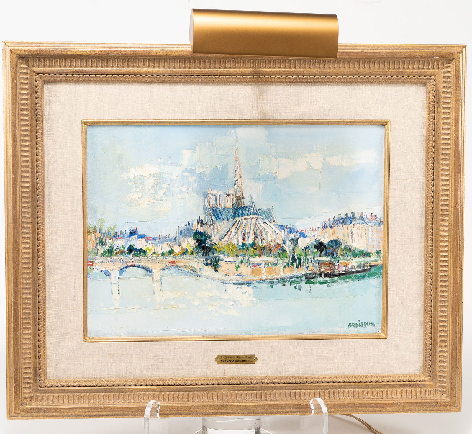 Yolande Ardissone, French, 1927 - 2024, La Seine et Notre Dame, Oil on Canvas: Yolande Ardissone, French, 1927 - 2024 La Seine et Notre Dame Oil on canvas, H 12.75 x W 17.75 x D 1 inches Signed bottom right Gilt frame, H 22 x W 27 x D 2 inches