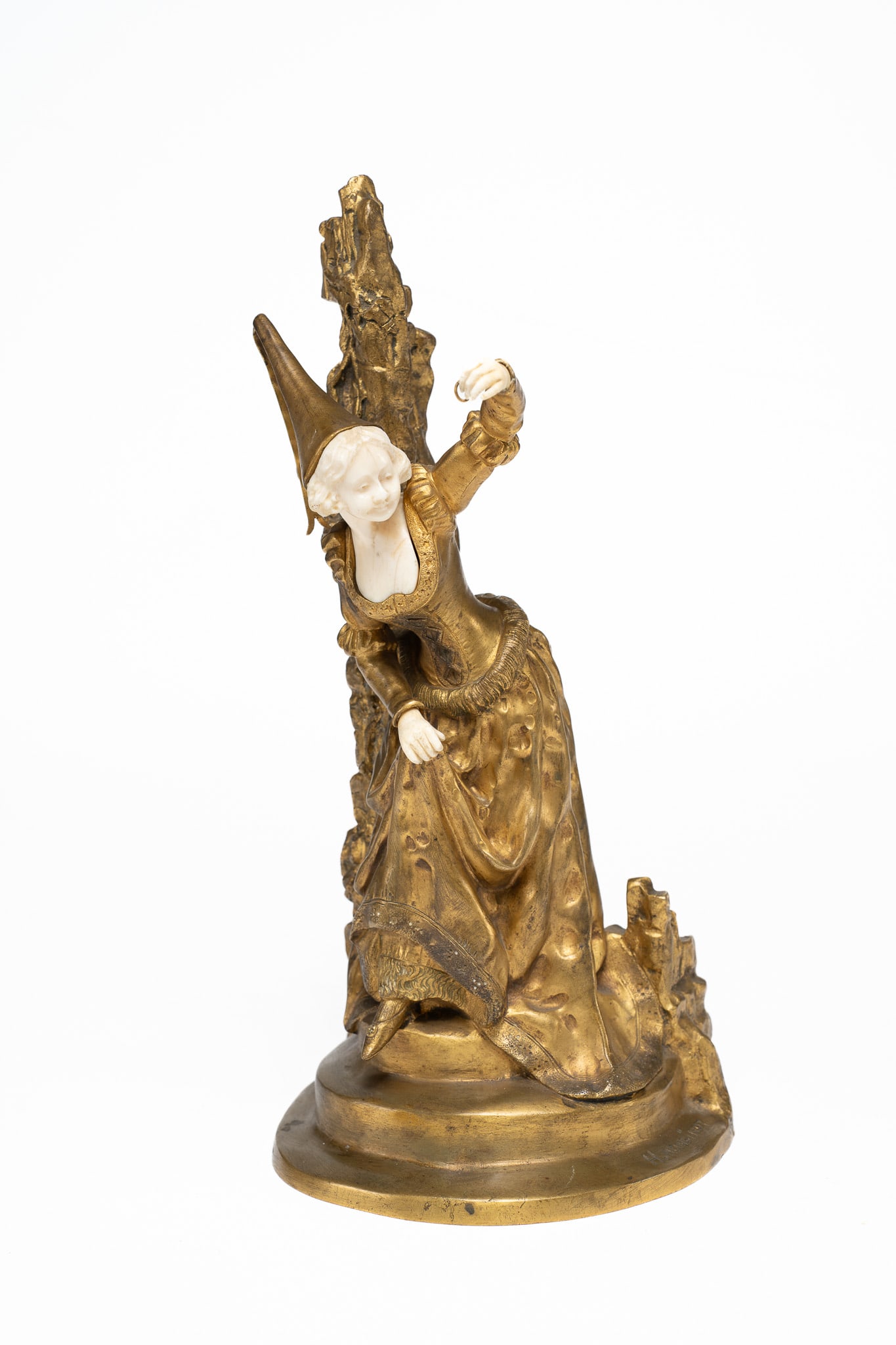 H. Monginot, Gilt Bronze Sculpture of Sorceress: H. Monginot Untitled, Sorceress Gilt bronze sculpture, H 14 x W 8 x D 7 inches Signed H. Monginot on base Condition: Left hand has been repaired, lantern is missing, signs of age and wear. Provenance:
