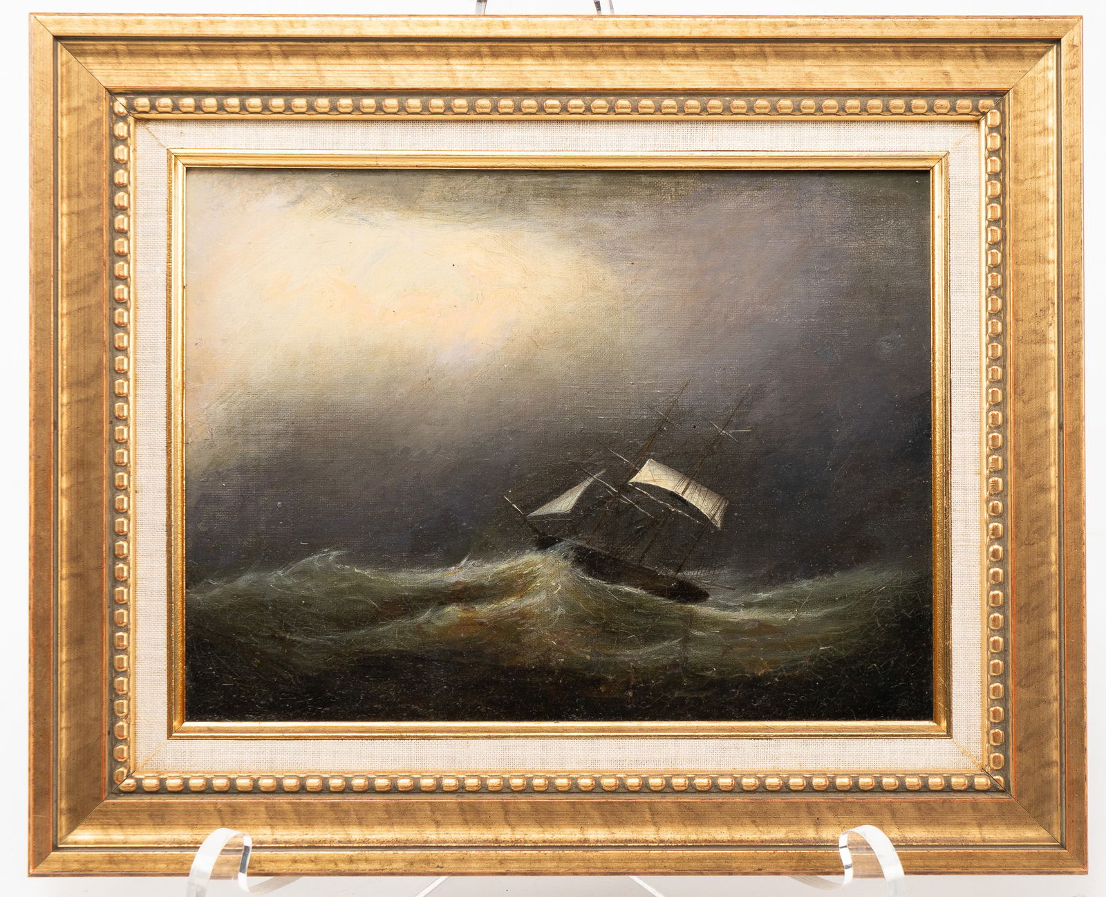 Clement Drew, American, 1806 - 1889, Ship Lying off Cape Horn, Oil on Board: Clement Drew, American, 1806 - 1889 Ship Lying off Cape Horn, 1866 Oil on board, H 9 x W 12 x D 1 inches Unsigned Gilt frame, H 13.5 x W 16.5 x D 2 inches Co