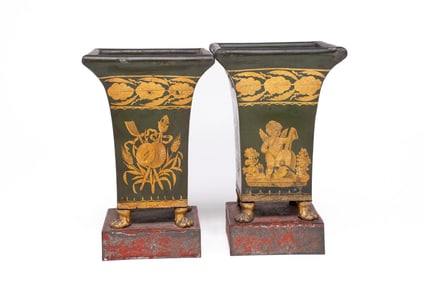 Pair of 19th Century French Neoclassical Green Tole Square Vases