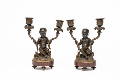 Pair of 19th Century Bronze and Marble Figural Candelabras