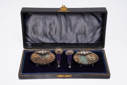 Pair of Antique Sterling Silver Salt Service Dishes with Spoons - William James Holmes