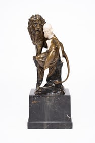 J. Ulrich, Bronze Sculpture of Maiden with Lion on Marble Base