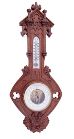 Antique Carved Wood Barometer with Thermometer