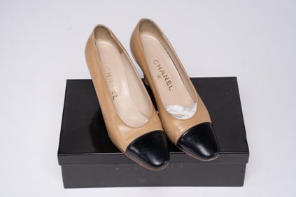 Chanel Beige and Black Leather Cap Toe Pumps