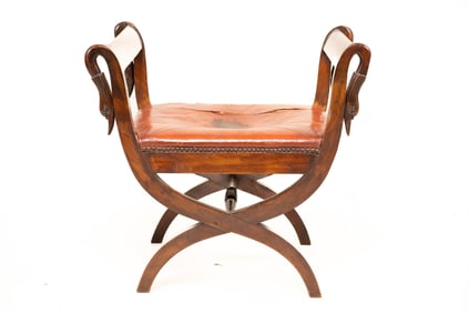 Antique Curule Chair with Swan Head Marquetry and Red Leather Upholstery