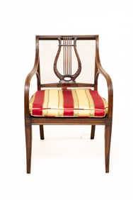 Vintage French Louis XVI Style Armchair with Striped Cushion and Harp Lyre Back