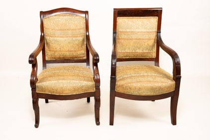 Pair of Mismatched Antique 19th Century French Empire Style Carved Mahogany Fauteuils