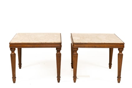 Pair of Antique Louis XVI Style Side Tables with White Marble Tops