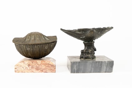 Pair of Vintage Bronze Shell Sculpture and Inkwell on Marble