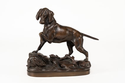 Prosper Lecourtier - French 1851-1924, Pointer Dog, Bronze Sculpture