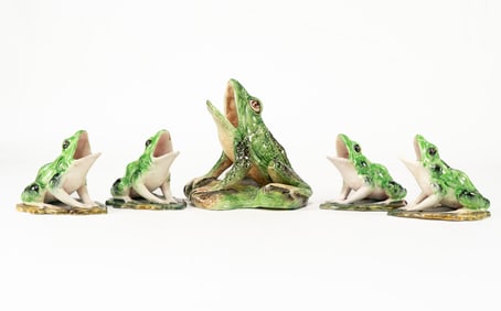 Five Late 19th Century French Majolica Massier Fils Vallauris Frogs