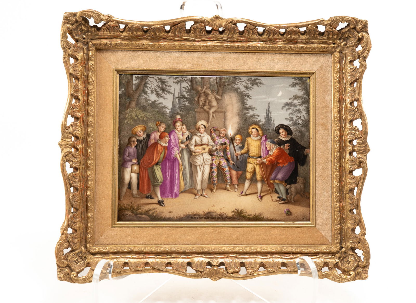 A Pair of Berlin KPM Porcelain Plaques. Commedia Dell Arte circa 1875: After Jean Antoine Watteau and Nicoles Lancret. Signed with a KPM Sceptor mark. Provenance: Private Dallas Estate See also, Sothebys October 17th. The plaque with a night scene is based on the circa