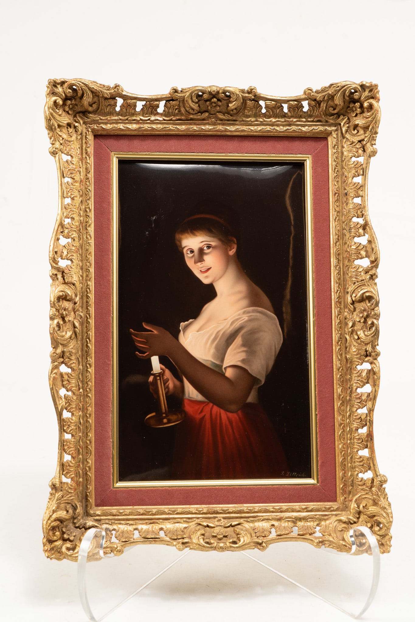 19th Century KPM Porcelain Plaque, R Dittrich, Good Night: 19th-century KPM Berlin porcelain plaque titled, Good Night. Featuring a woman in the dark holding a candle. Hand-painted porcelain. Signed Gute Nacht R Dittrich and beehive mark. Plaque measurement: