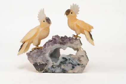 Aragonite Carved Cockatoos on Amethyst Geode