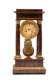 Antique French Empire Style Mahogany Mounted Column Clock with Pendulum