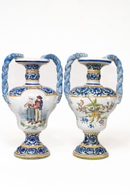 Pair of French Faience Desvres Urns with Handles