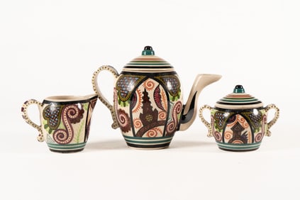 French Faience Fouillen Quimper 3-Piece Tea Set