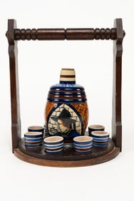 10 Piece French Faience and Woodenware Fouillen Quimper Liquor Set with Flask and Cups