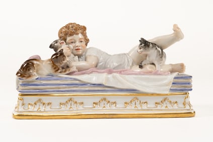Antique Meissen Child and Cats at Play Figurine