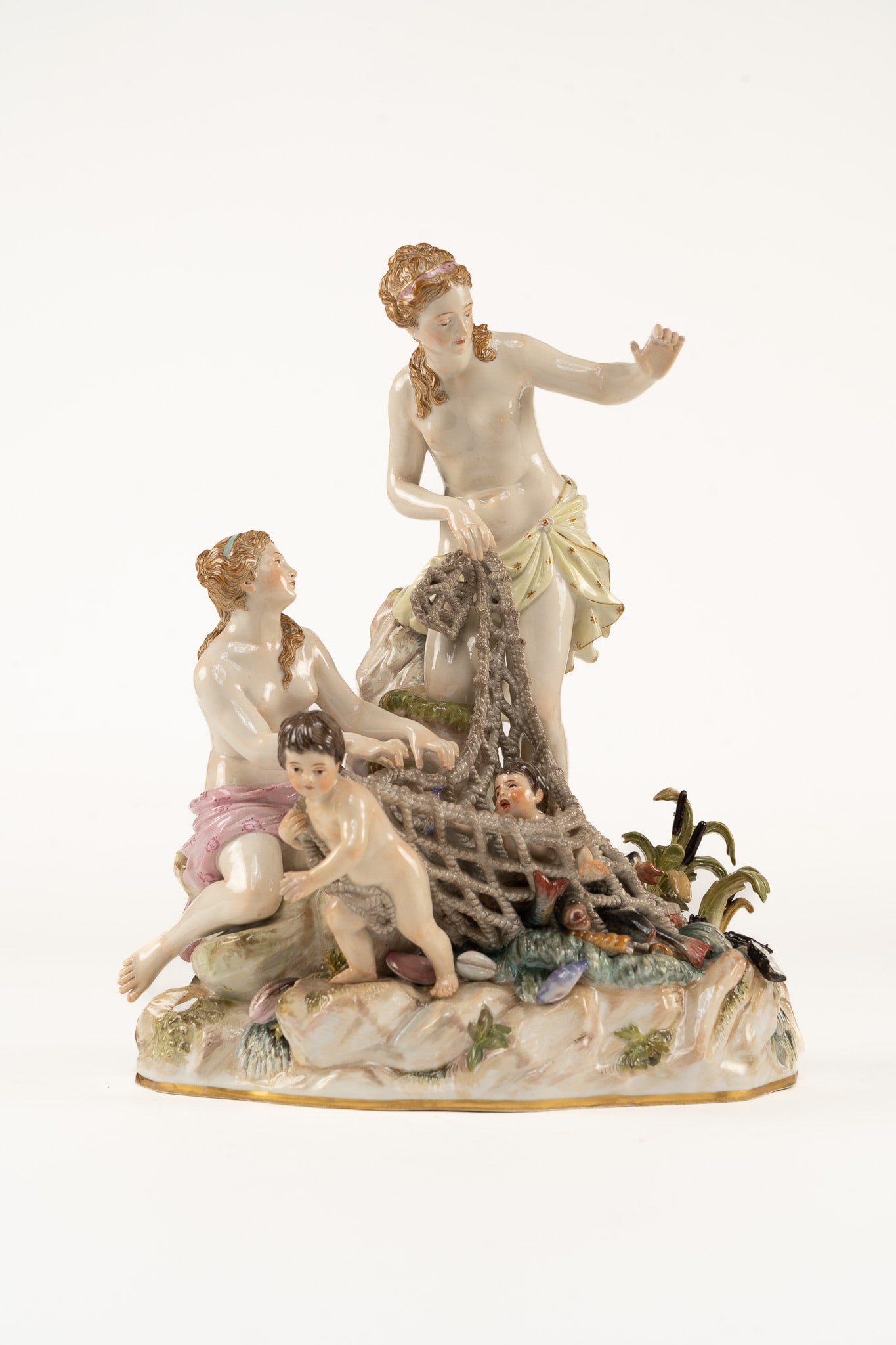 Incredible Meissen Porcelain Capture of the Tritons: Der Tritonenfang or The Capture of the Tritons by Johann Joachim Kandler. Blue crossed swords mark, Incised 635 and enamel 35. The scene depicts the baby Triton caught in a fishnet. Two w