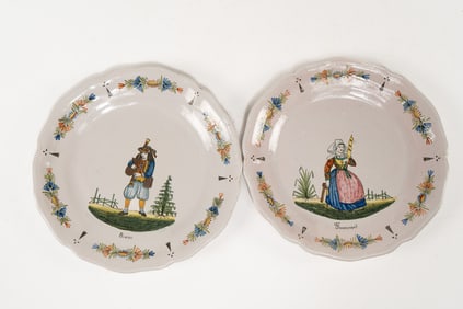Pair of French Faience HB Quimper Breton and Flower Plates