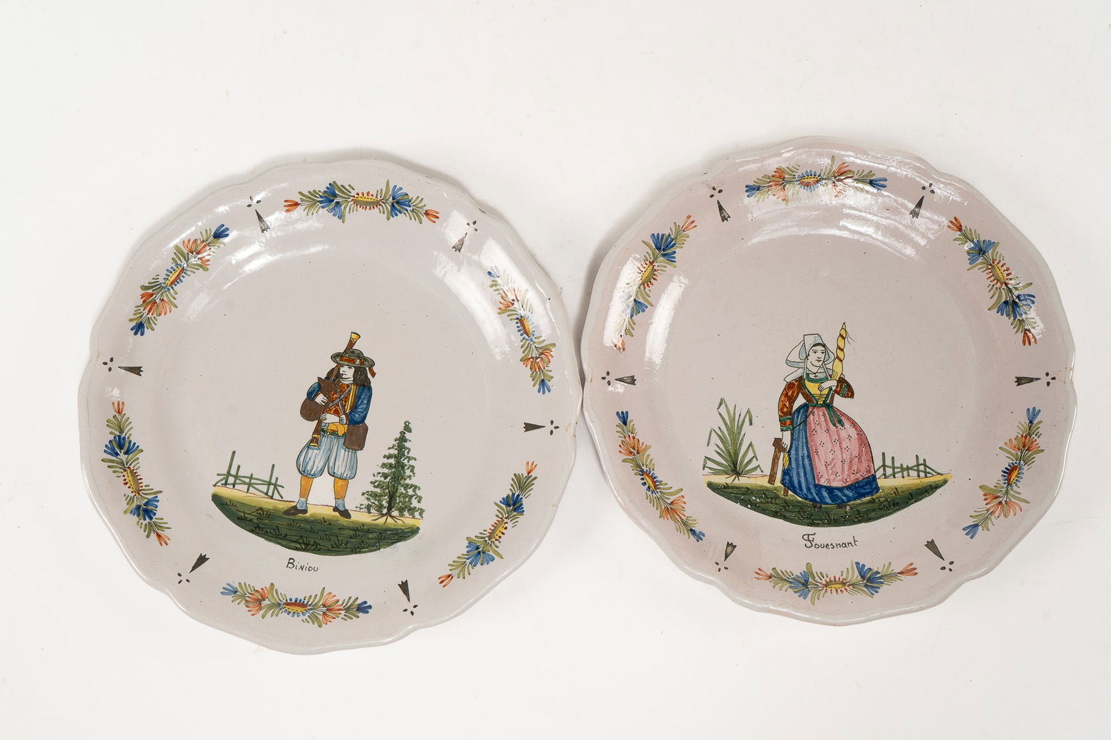 Pair of French Faience HB Quimper Breton and Flower Plates (1 of 5)
