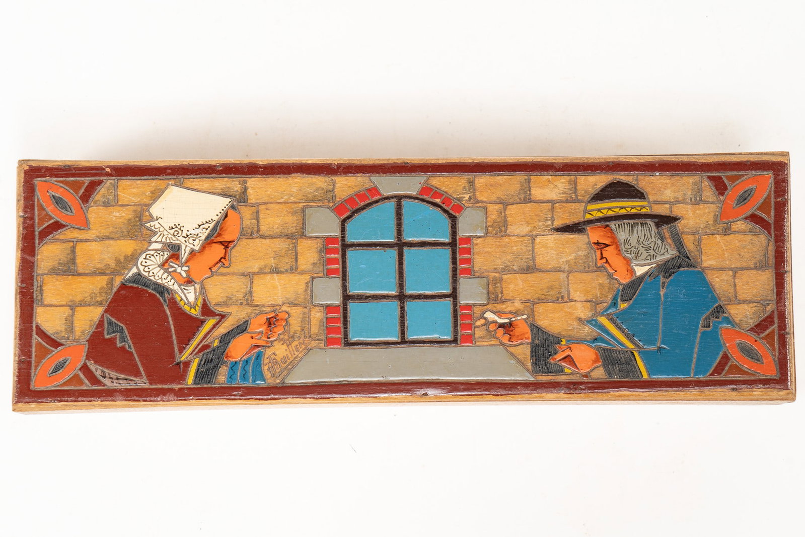 French Fouillen Quimper Woodenware Long Box: French Fouillen Quimper Woodenware Long Box. Lid of box depicts Breton couple across from one another and is signed P Fouillen. Lid opens on hinges. Marked PF Quimper Deposee on underside. Dimensions: