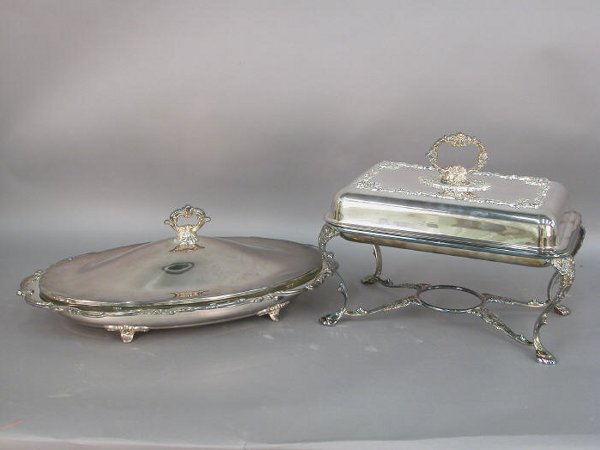Wallace silver chafing dish & Towle: Wallace silver chafing dish & Towle covered and footed silver serving dish with Pyrex glass liner. Wallace piece is missing the burner - 12"H x 15.5"W x 10.25"D; Towle lid has a slight dent to rim of