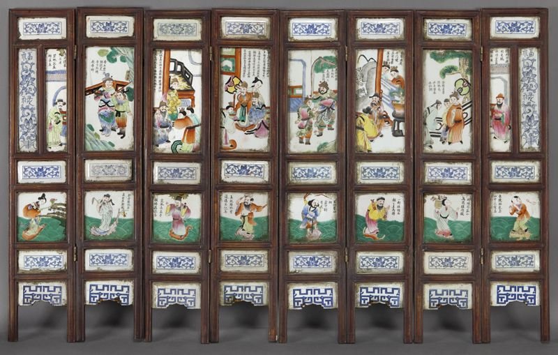Chinese Qing famille rose porcelain 8 panel screen: Chinese Qing famille rose porcelain 8 panel screen depicting figures in a landscape. Each panel: 31.5"H x 6.5"W, Circa - Late 19th - Early 20th C.