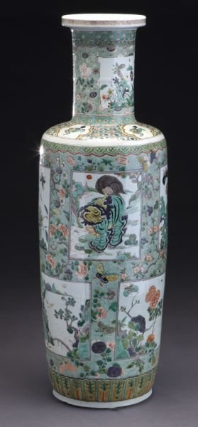 Chinese Qing Kangxi Wucai porcelain vase: Chinese Qing Kangxi Wucai porcelain vase depicting foo dogs, flowers and landscapes. Six character mark for "Great Qing Kangxi Production", of the period. 29"H, Circa - 1662-1722.
