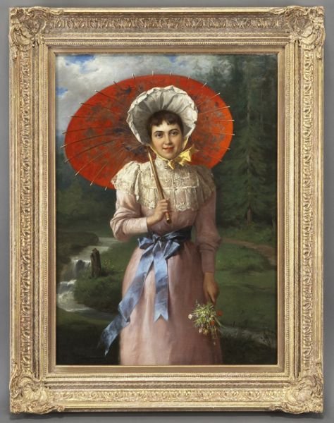 Continental School, "Lady with Parasol" oil: Continental School, "Lady with Parasol" oil on canvas, 1893. Signed indistinctly and dated lower left. Inscribed on label verso "Muszak Violkanak". Canvas: 30''H x 21''W; Frame: 38.5''H x 30''W.
